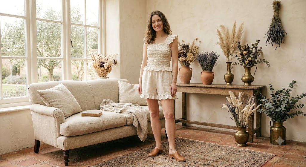 Poet Smocked Ruffle Romper and Leather Mules